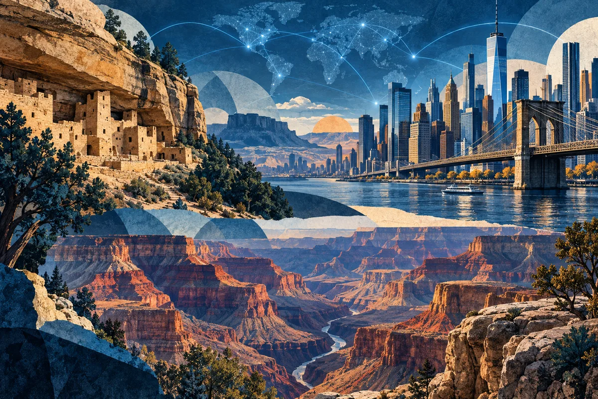 Collage ilustrado de Estados Unidos, inspirado en Mesa Verde National Park, New York City, Grand Canyon.