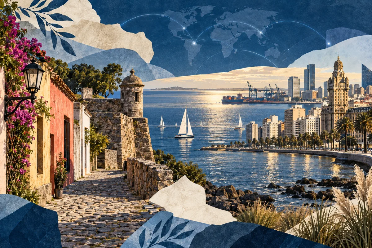 Collage ilustrado de Uruguay, inspirado en Colonia del Sacramento, Montevideo, Río de la Plata.