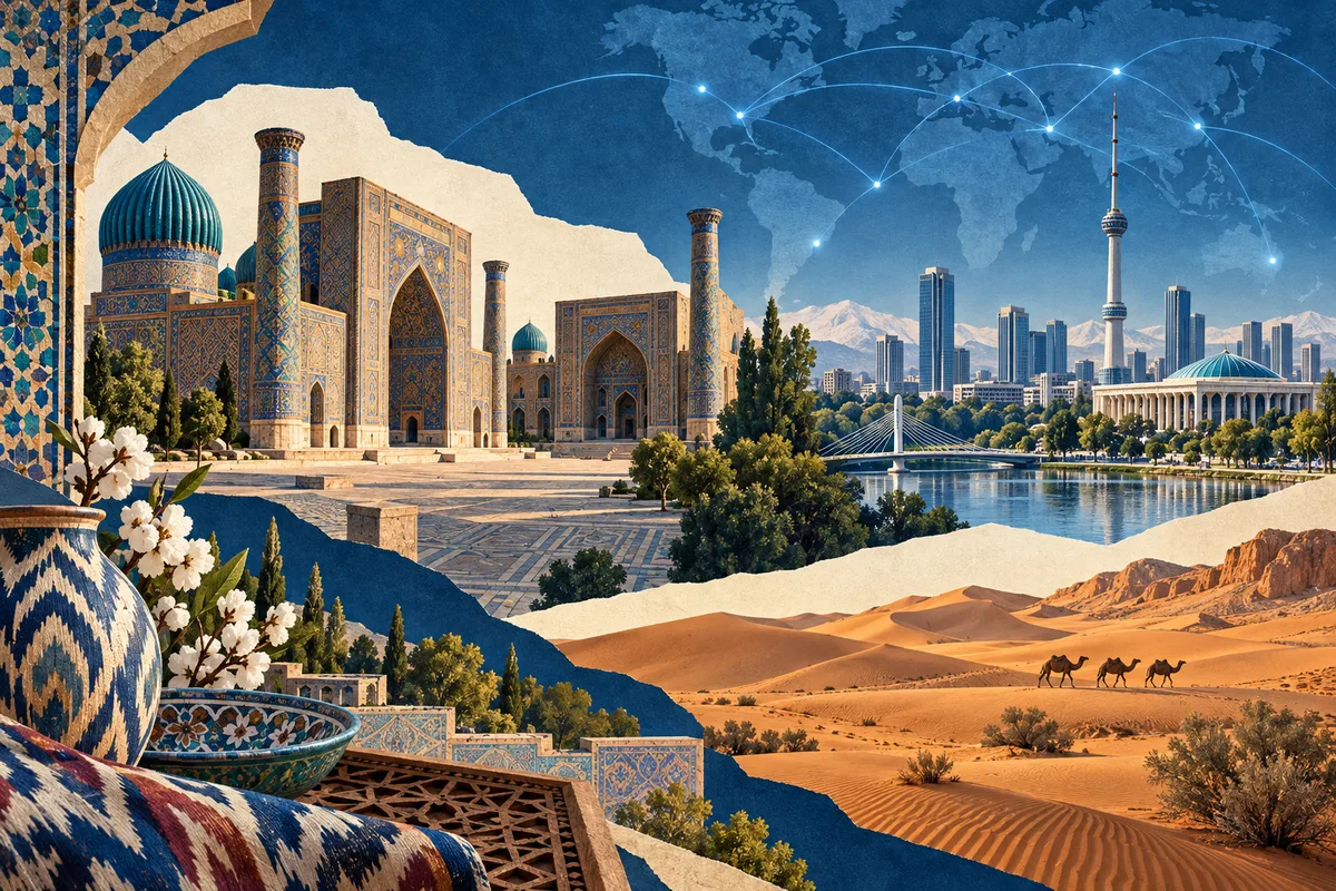 Collage ilustrado de Uzbekistán, inspirado en Registan, Tashkent, Kyzylkum Desert.