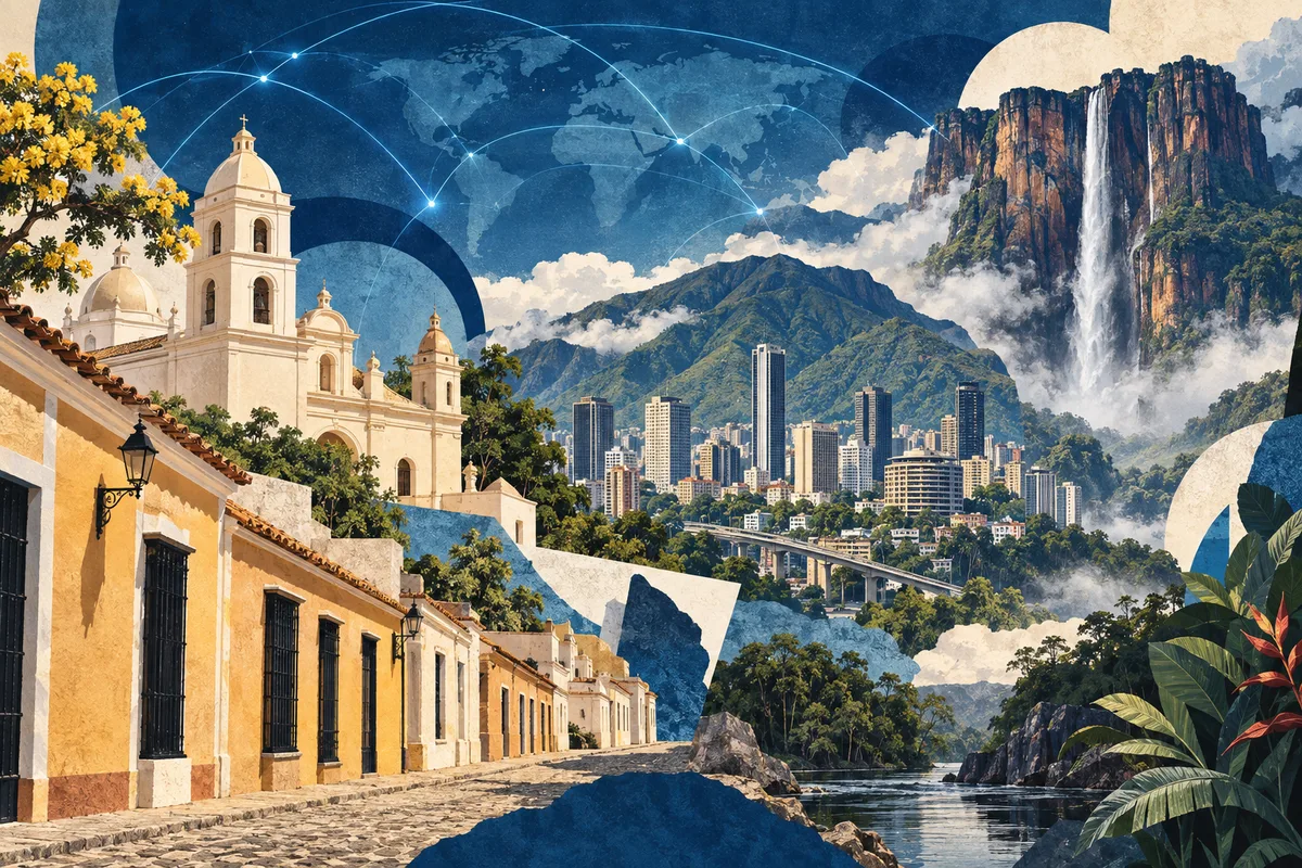 Collage ilustrado de Venezuela, inspirado en Coro, Venezuela, Caracas, Angel Falls.