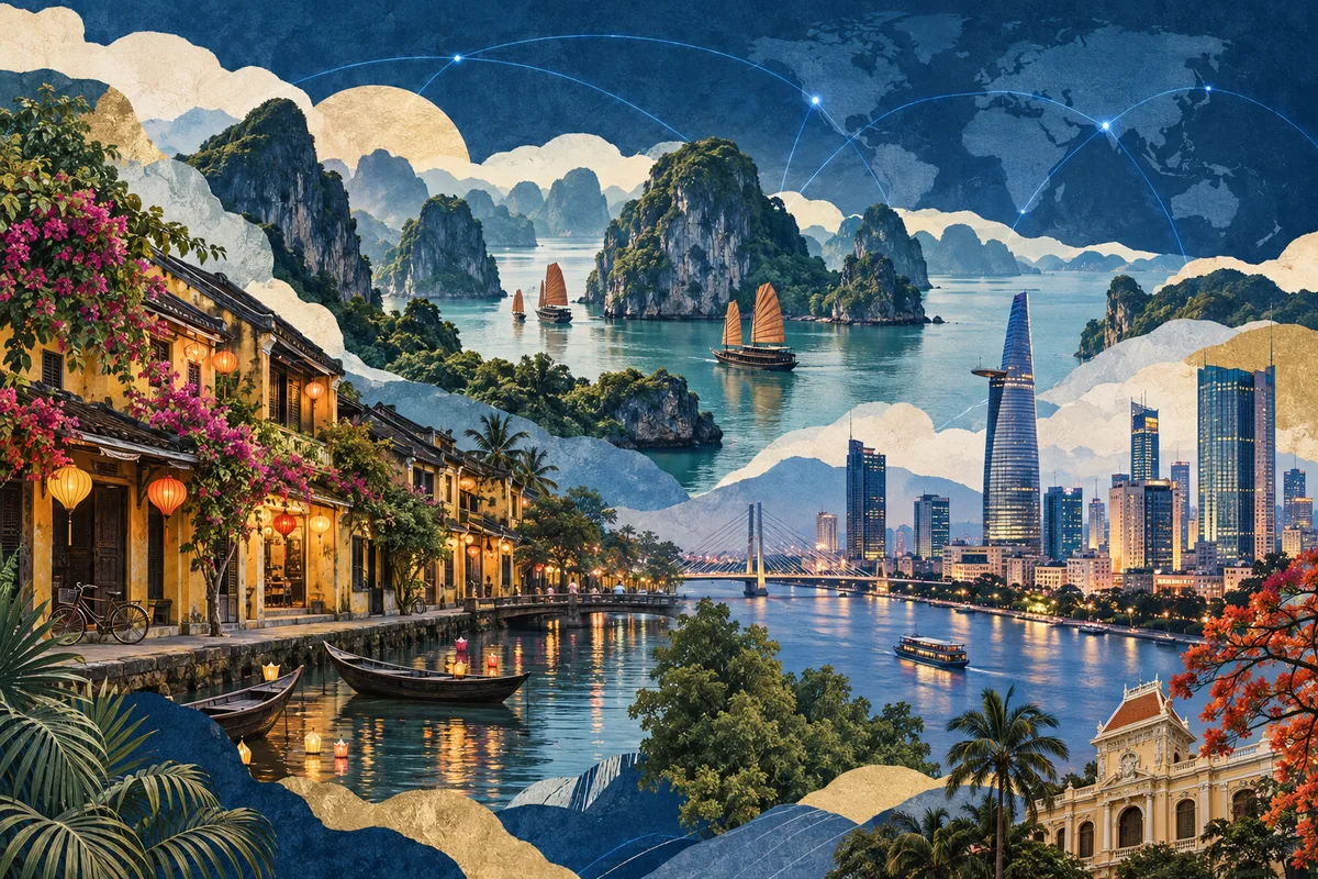 Collage ilustrado de Vietnam, inspirado en Hội An, Ho Chi Minh City, Hạ Long Bay.