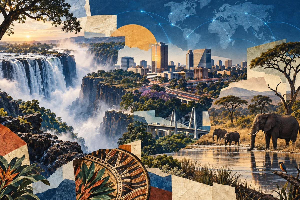 Collage ilustrado de Zambia, inspirado en Victoria Falls, Lusaka, South Luangwa National Park.
