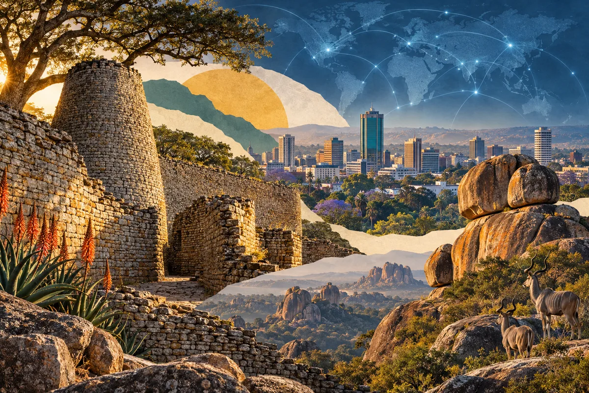 Collage ilustrado de Zimbabue, inspirado en Great Zimbabwe, Harare, Matobo National Park.
