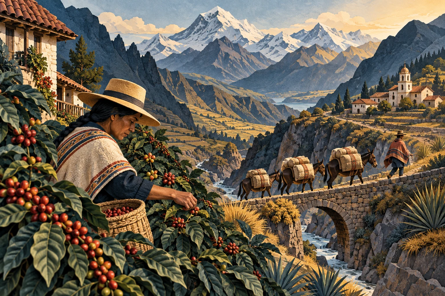 Illustration: Andean coffee farming and traditional pack-animal routes