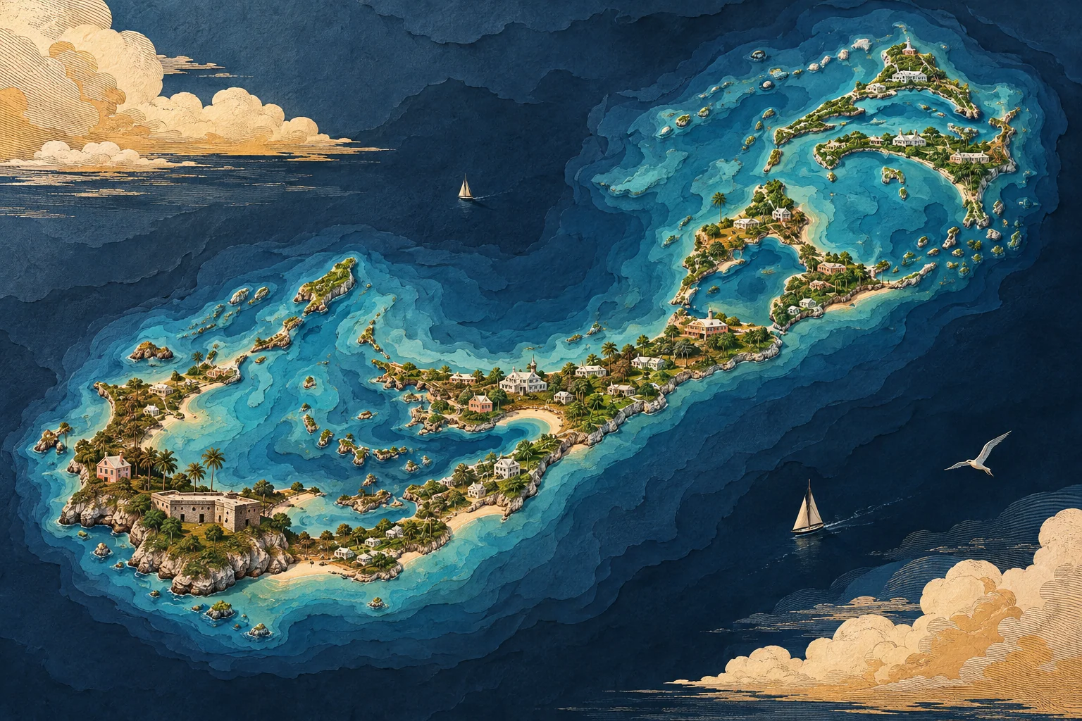 Illustration: Bermuda hooked island chain in Atlantic Ocean