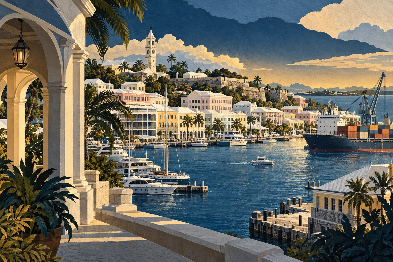 Illustration: Hamilton waterfront offices and maritime trade