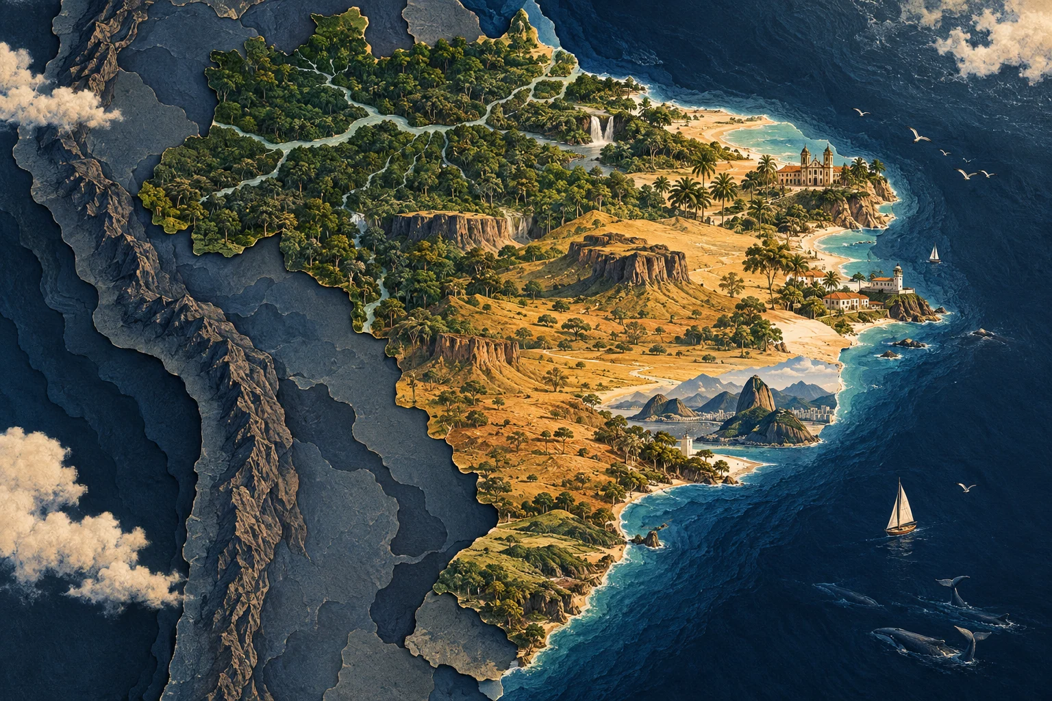 Illustration: Brazil Atlantic coastline, Amazon basin north and interior plateau