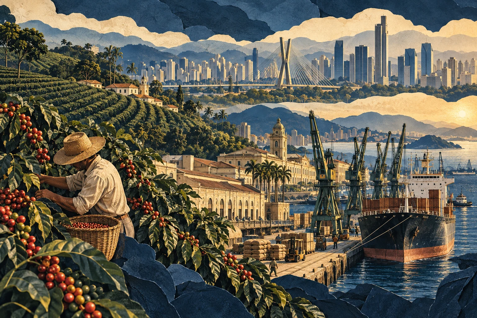 Illustration: Santos port, coffee cultivation and São Paulo skyline