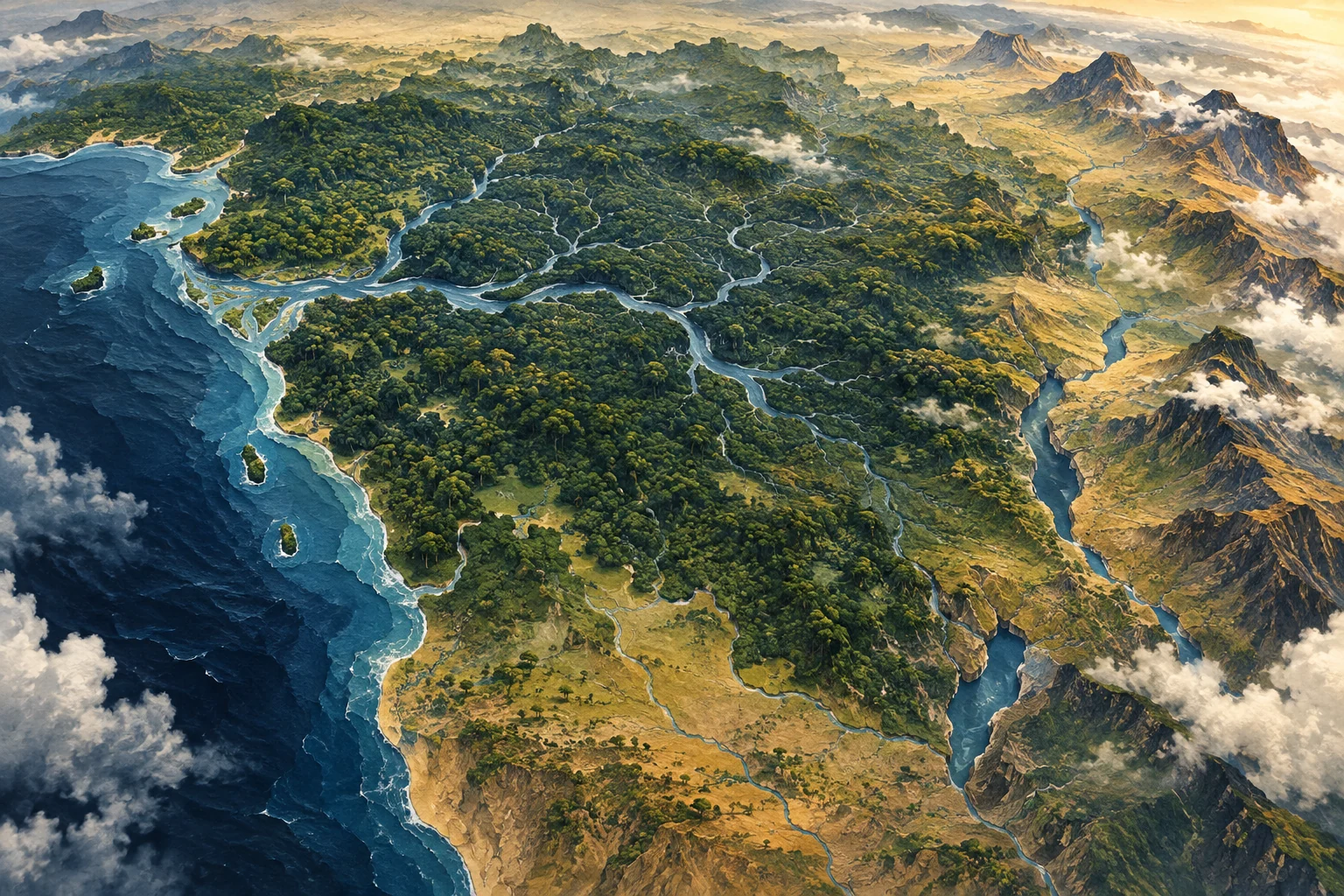Illustration: Central Africa, vast Congo basin branching river and dense rainforest, Atlantic west, uplands east