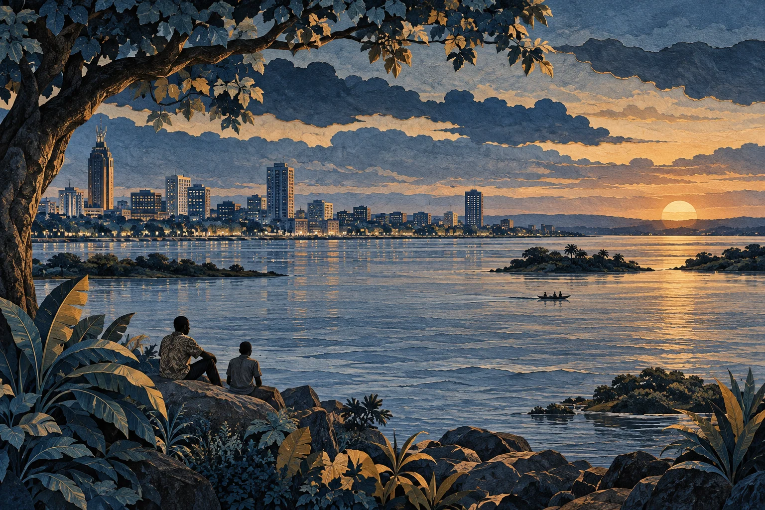 Illustration: Congo River broad Pool Malebo viewed from riverbank, Kinshasa skyline at dusk