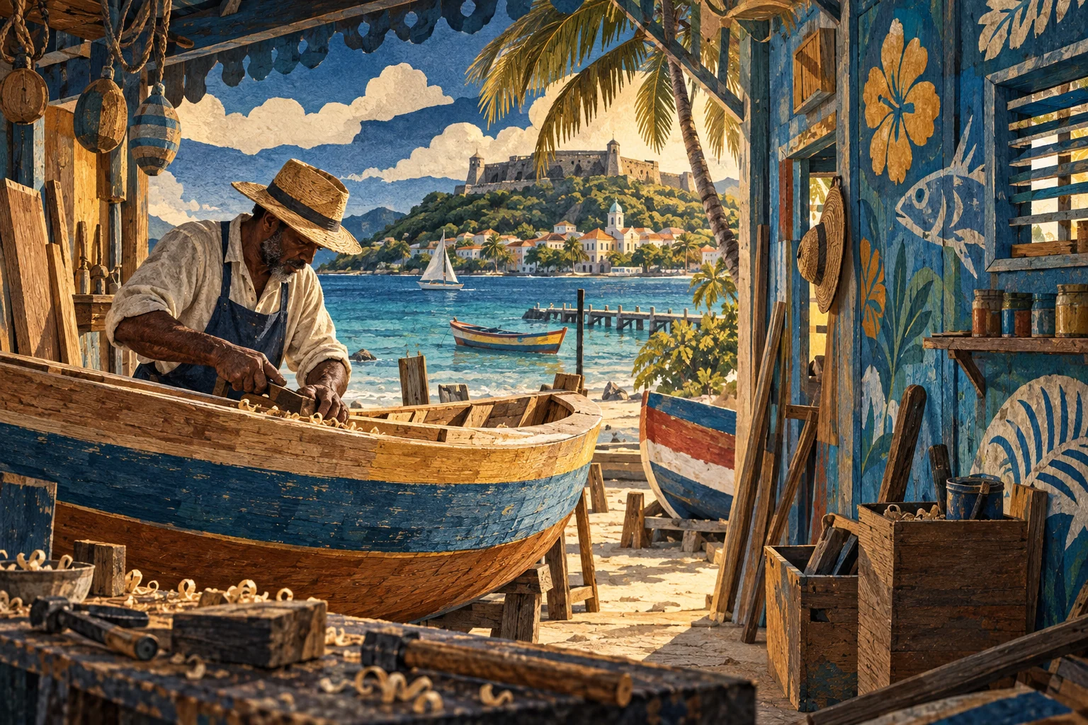 Illustration: Caribbean wooden boat craft and brightly painted workshop