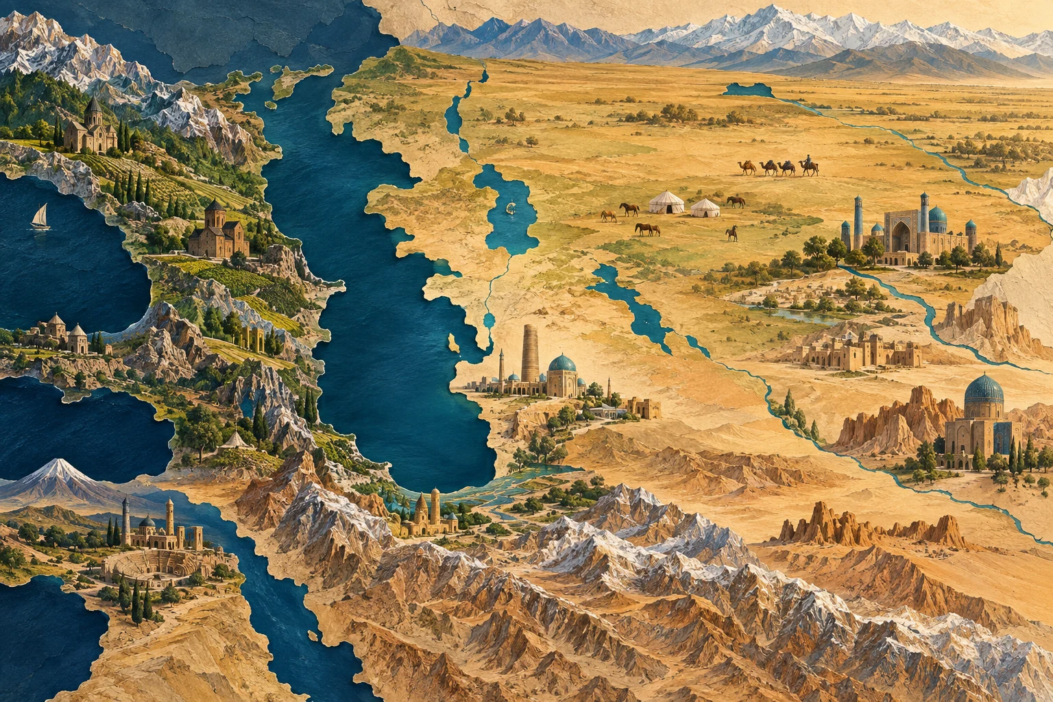 Illustration: Caspian Sea, Caucasus west and Central Asian steppe east