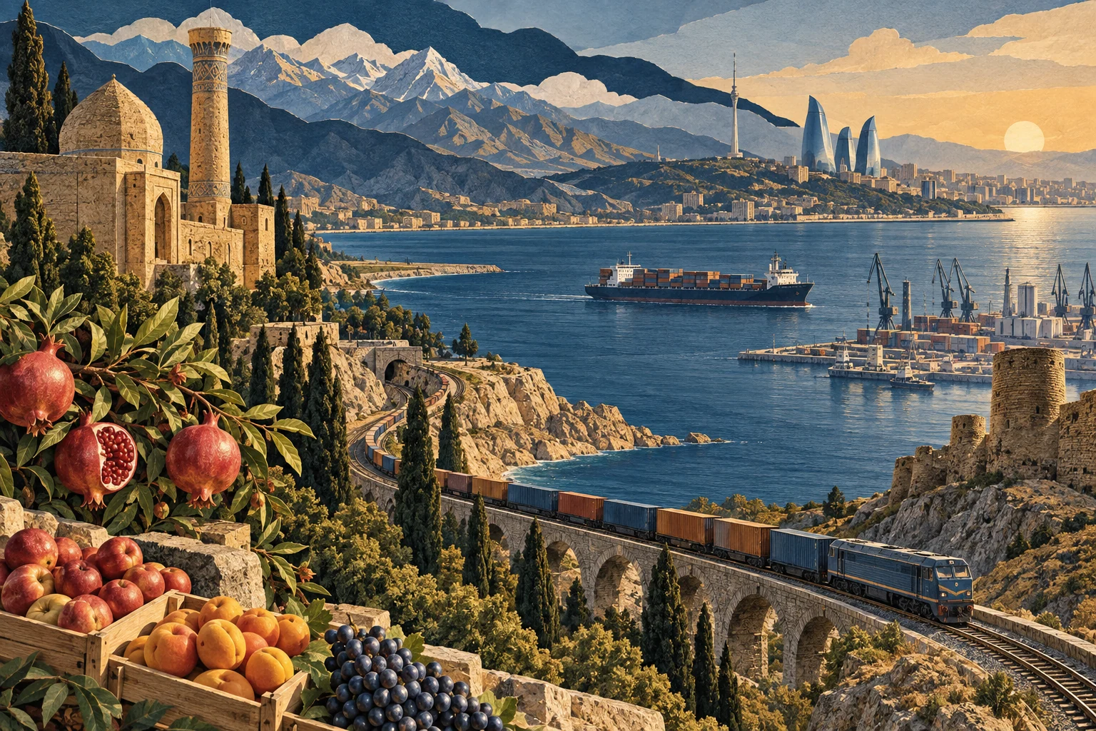 Illustration: Caspian freight, rail corridors and orchards