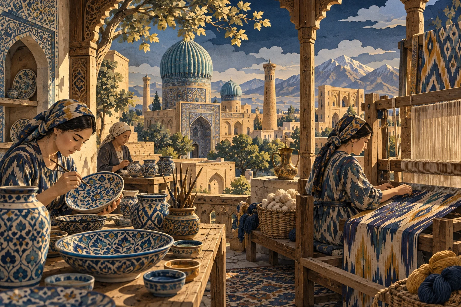 Illustration: Uzbek ceramic painting and silk weaving workshop