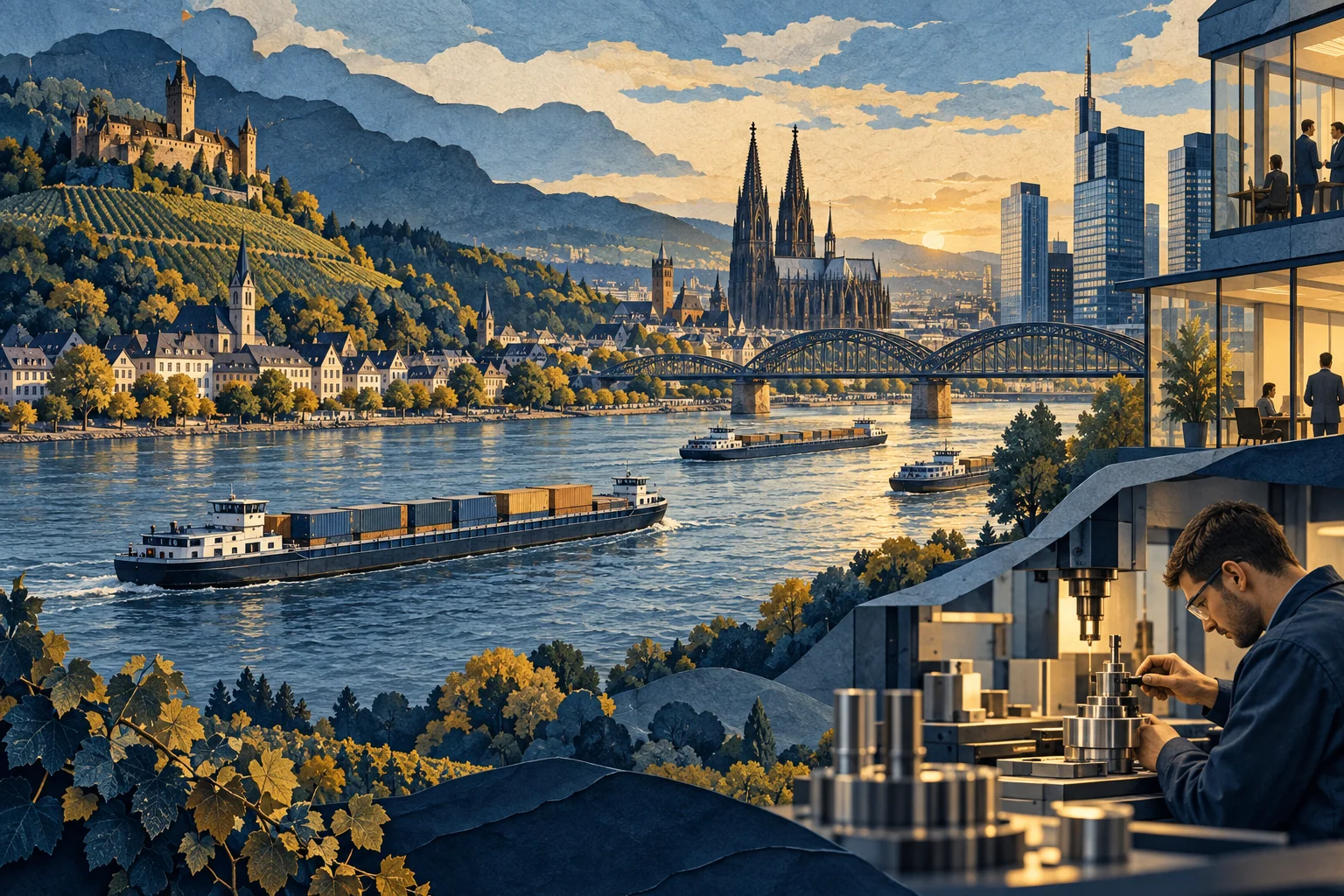 Illustration: Rhine freight barges, precision manufacturing and urban offices