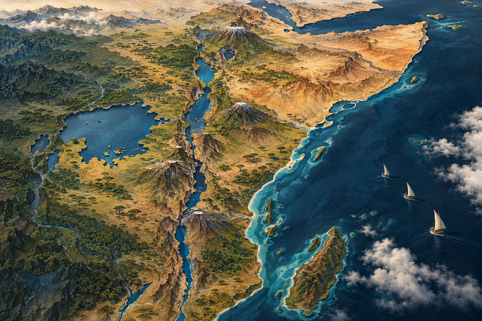 Illustration: East Africa: Rift Valley north-south, Lake Victoria west, Horn projecting northeast and Indian Ocean east