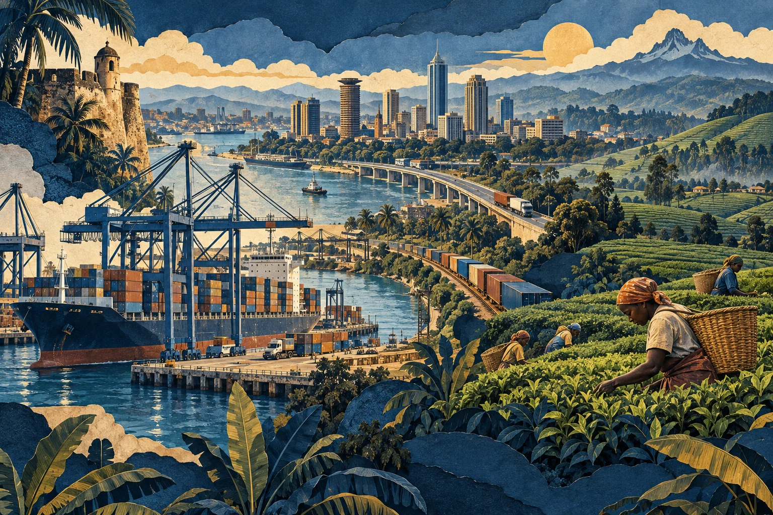 Illustration: Mombasa container port, tea-covered highlands and Nairobi office skyline, logistics and livelihoods
