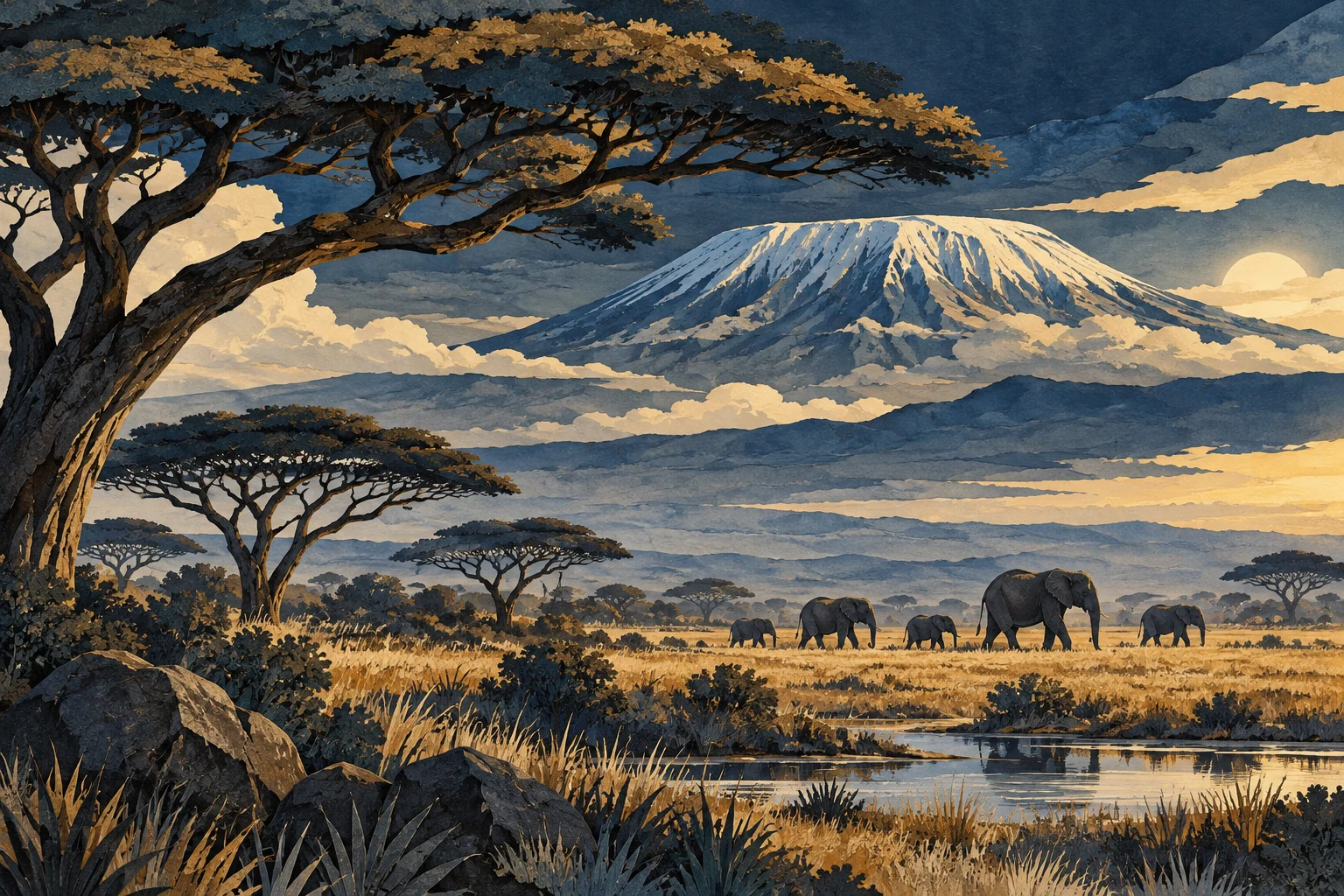 Illustration: Mount Kilimanjaro viewed from Amboseli with broad acacia canopy and quiet plains