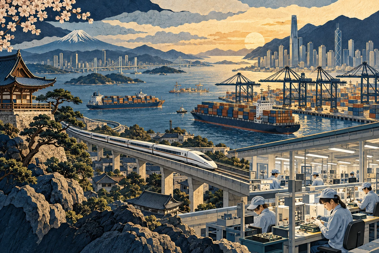 Illustration: East Asian container port, high speed rail and electronics workshops