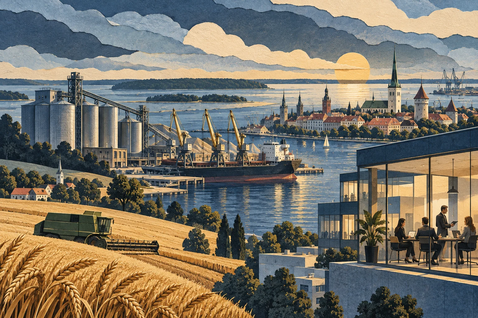 Illustration: Baltic port, grain cultivation and digital enterprise offices
