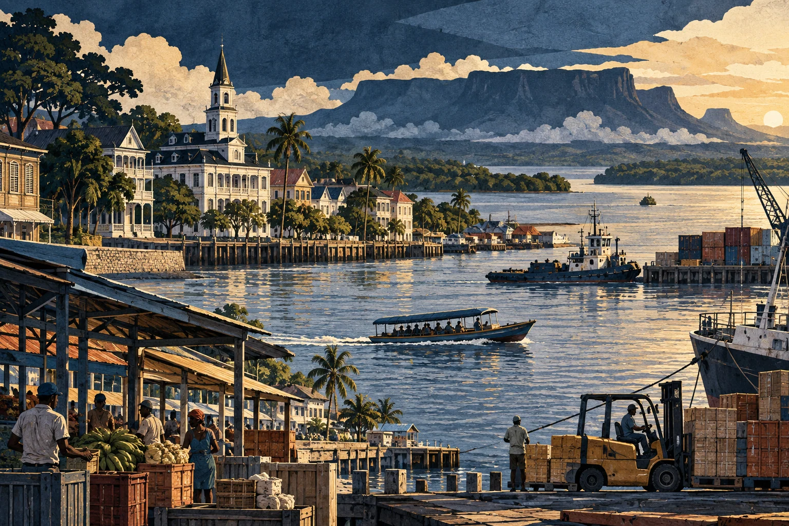 Illustration: Atlantic harbour, river transport and coastal businesses