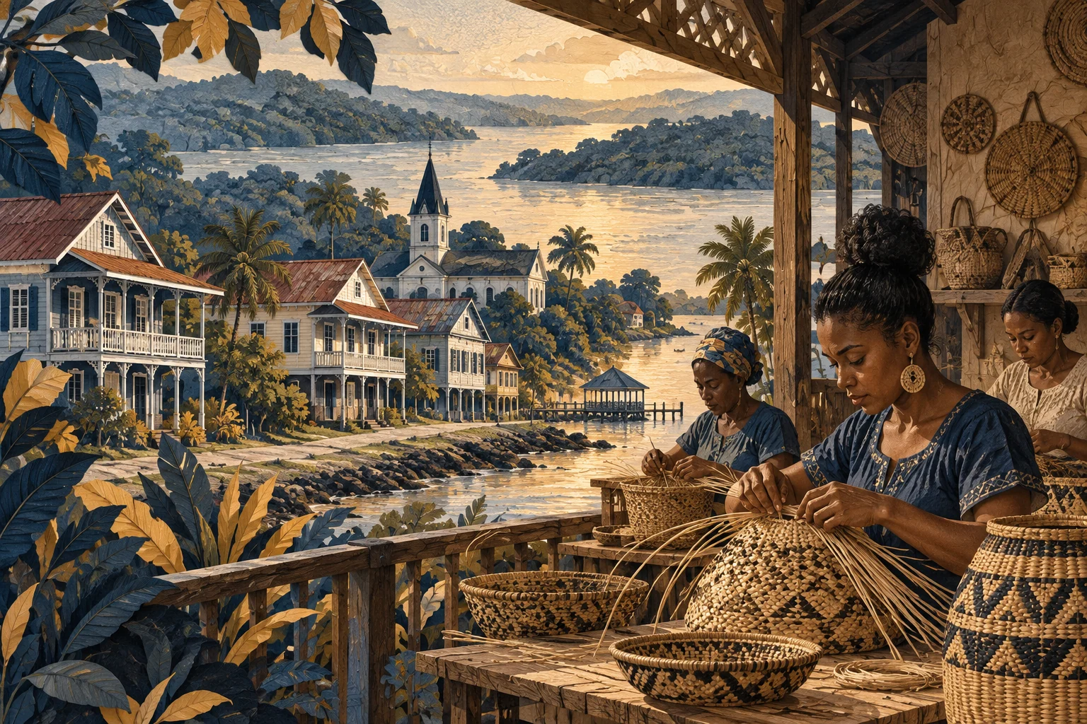 Illustration: Guianese wooden architecture and contemporary basket-weaving workshop