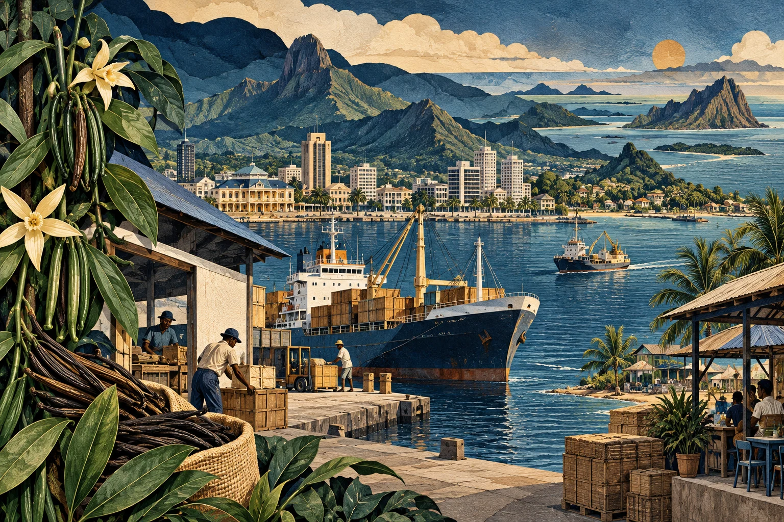 Illustration: Port Louis harbour, inter-island cargo vessel, vanilla cultivation and coastal businesses, maritime enterprise