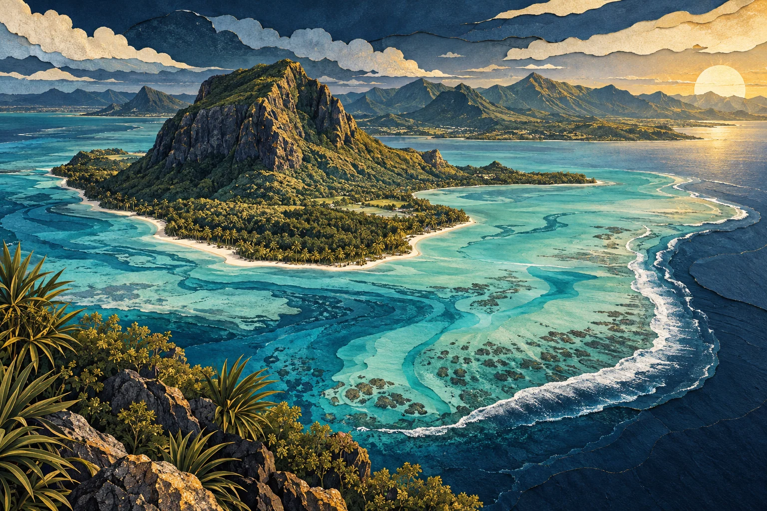 Illustration: Mauritius Le Morne Brabant peninsula above turquoise lagoon, rich topographic detail