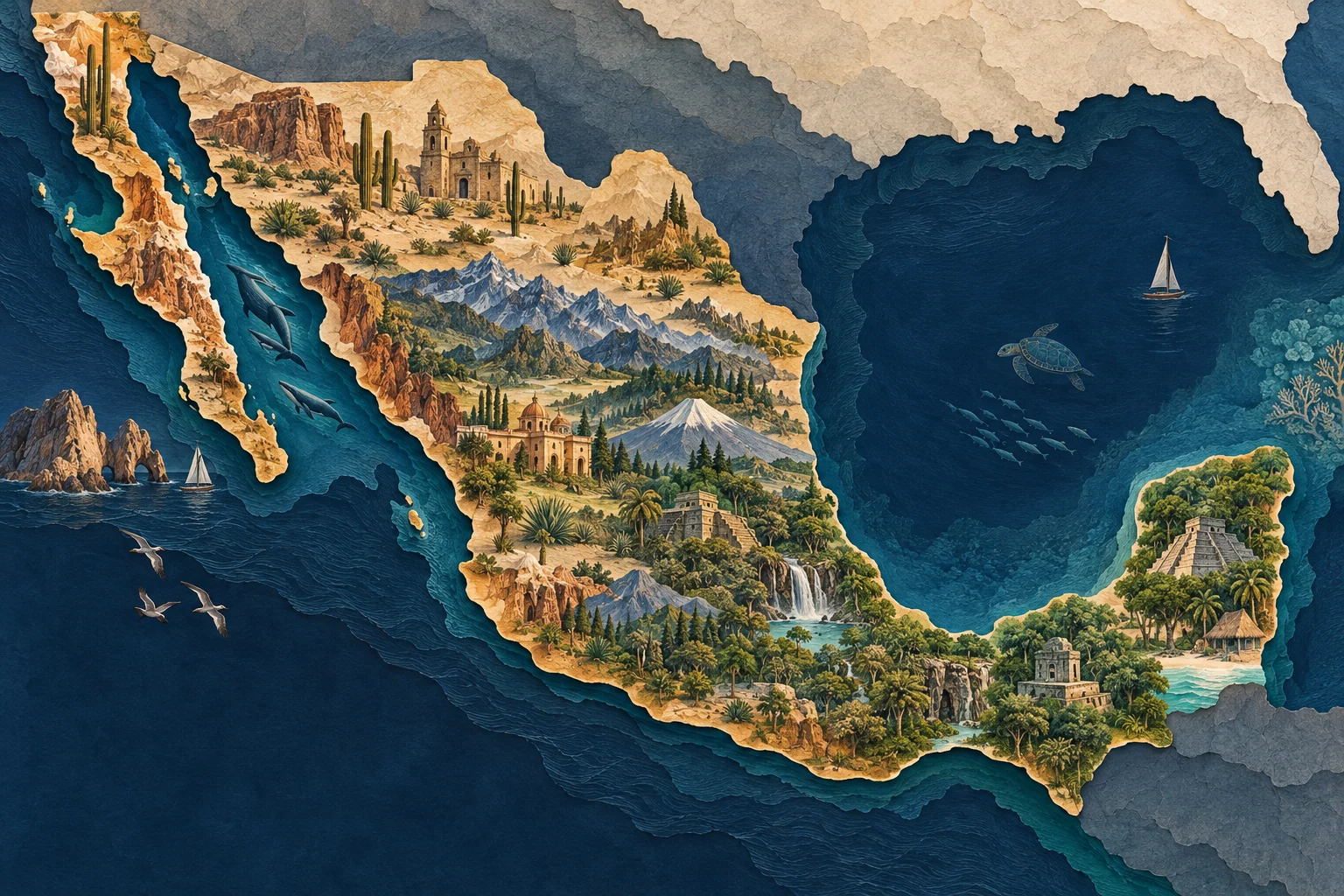 Illustration: Mexico tapered landmass, Baja California and Yucatan peninsulas