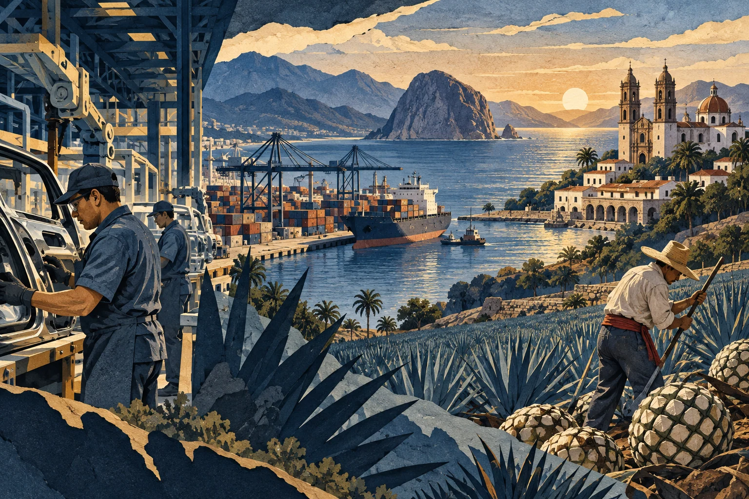 Illustration: Mexican manufacturing, Pacific port and agave farming