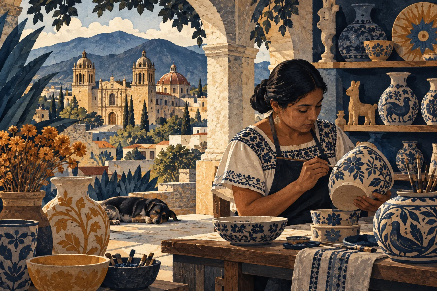 Illustration: Oaxacan pottery studio, hand-painted ceramics