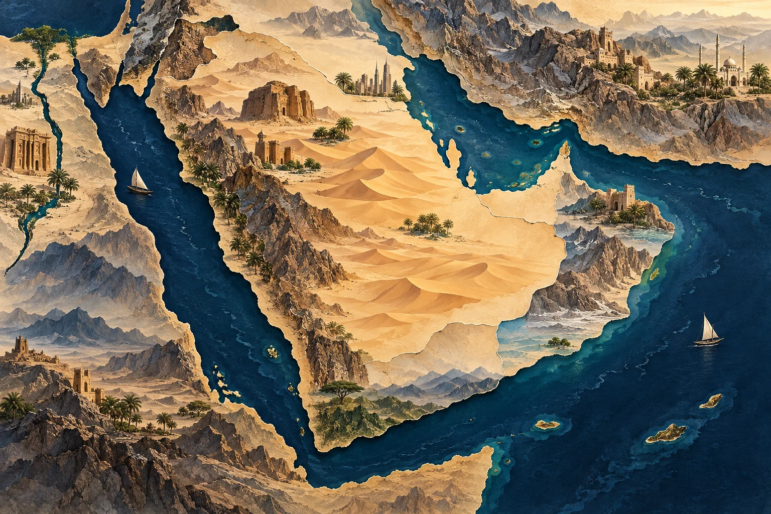 Illustration: Arabian peninsula, Red Sea west and Persian Gulf northeast