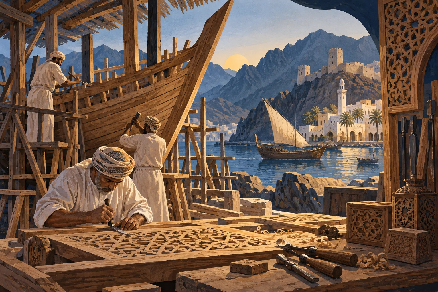 Illustration: Omani dhow-building workshop and geometric woodwork