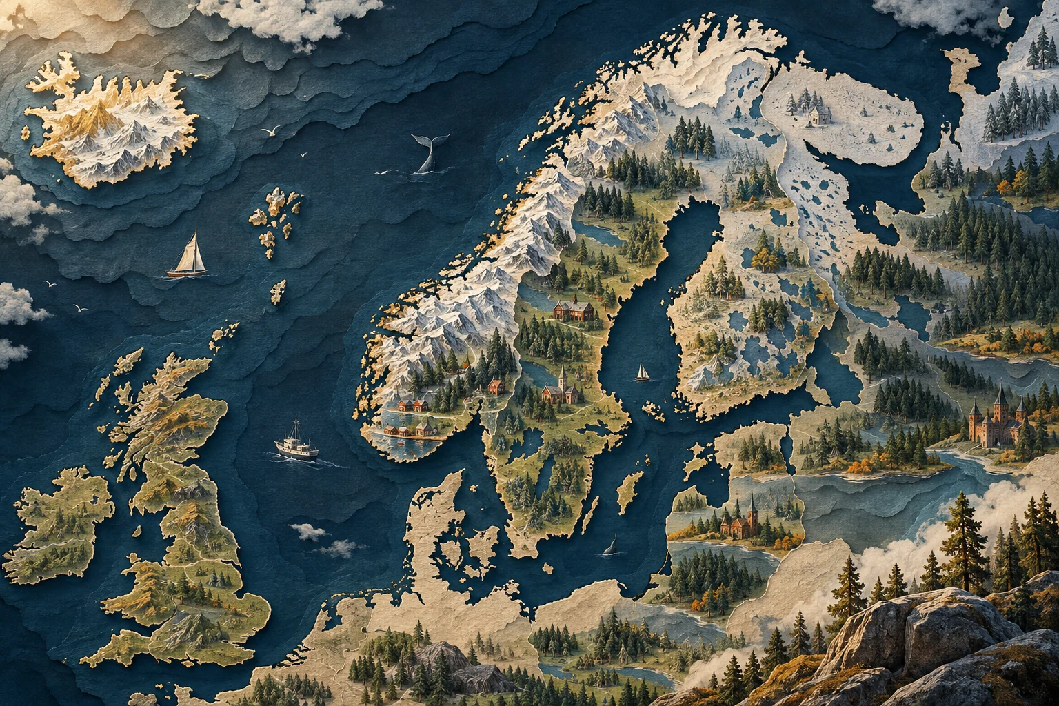 Illustration: Scandinavian peninsula, Baltic Sea and North Atlantic islands
