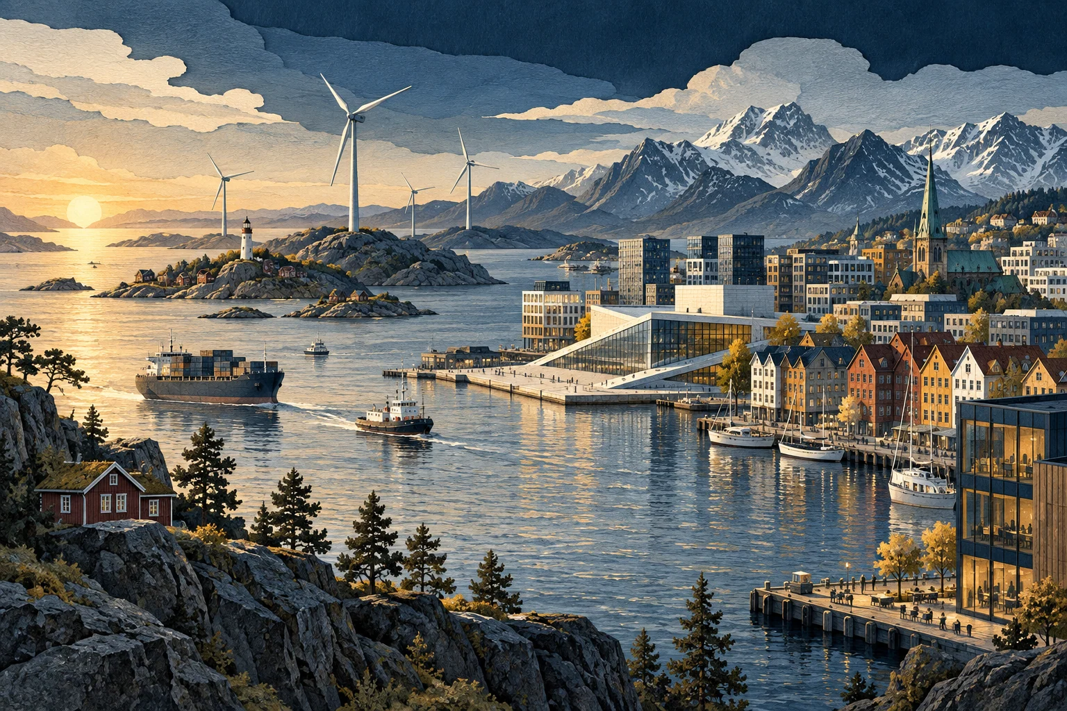 Illustration: Nordic harbour, wind energy and urban enterprise