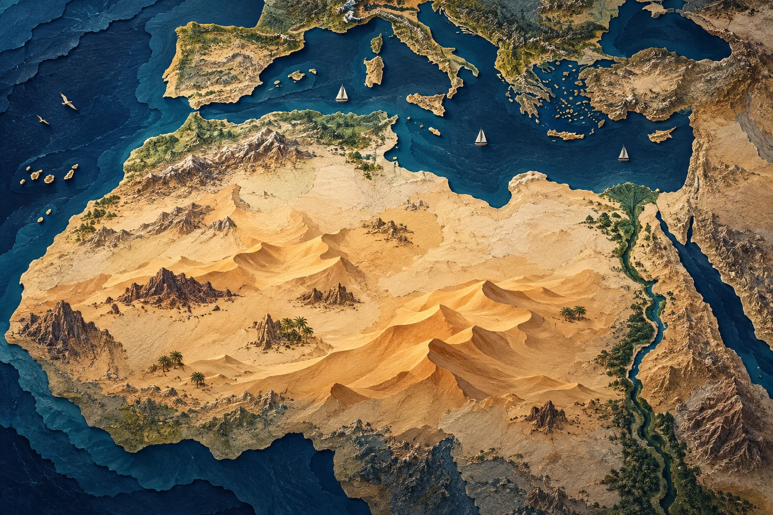 Illustration: northern Africa, Mediterranean coast above, Sahara below, Nile to east, Atlantic to west