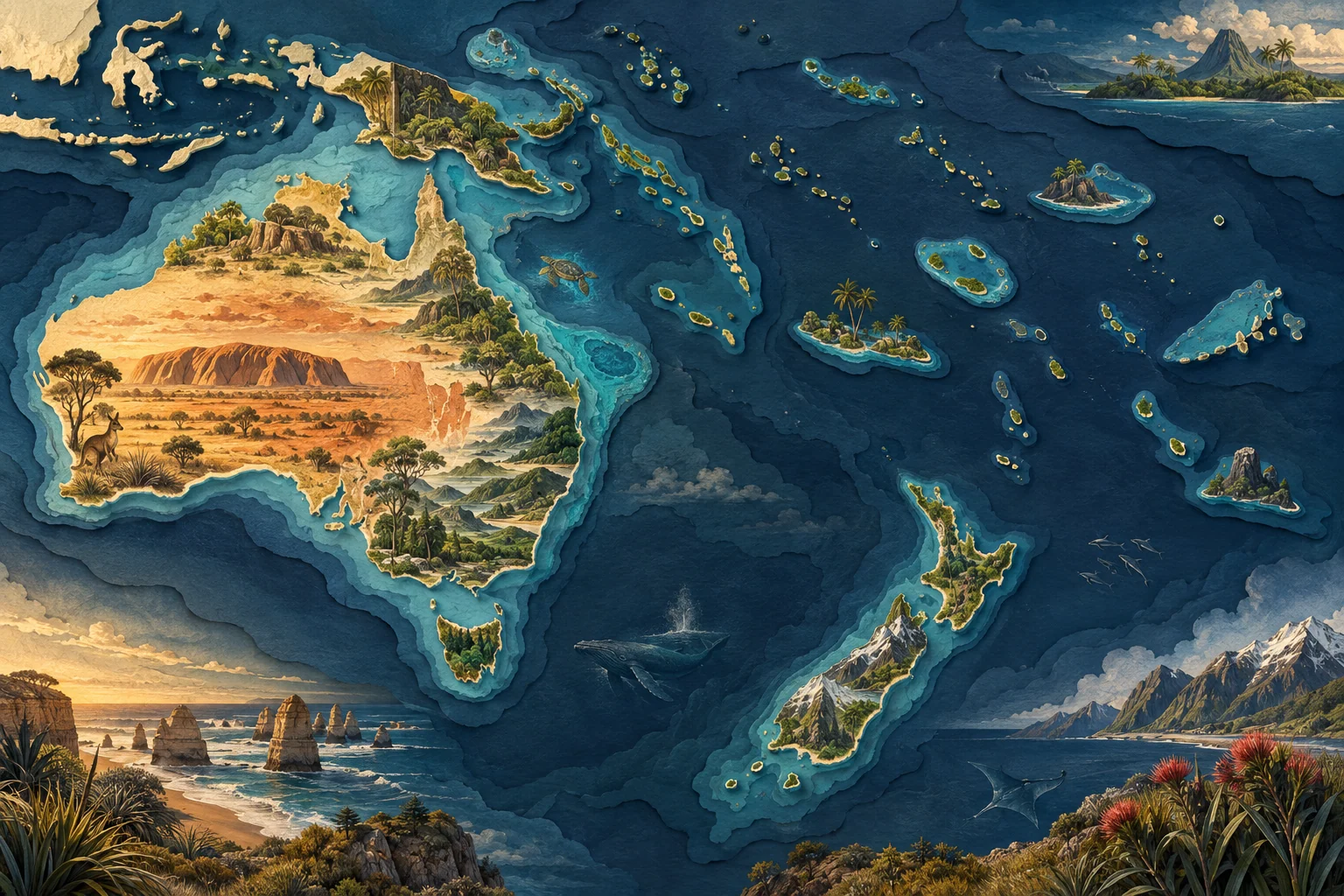 Illustration: Australia, New Zealand southeast and Pacific island groups northeast