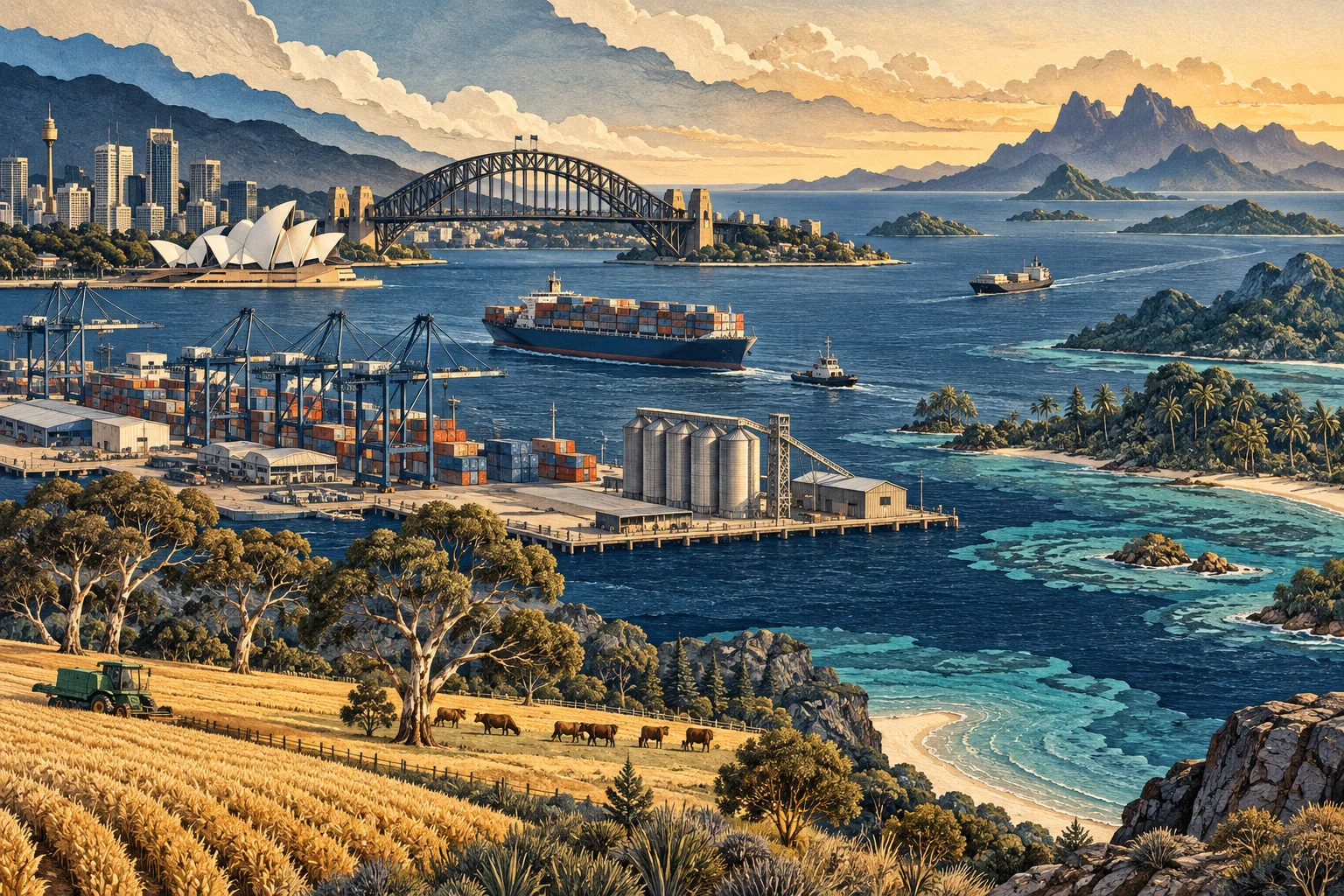 Illustration: Australian freight harbour, agriculture and Pacific maritime routes