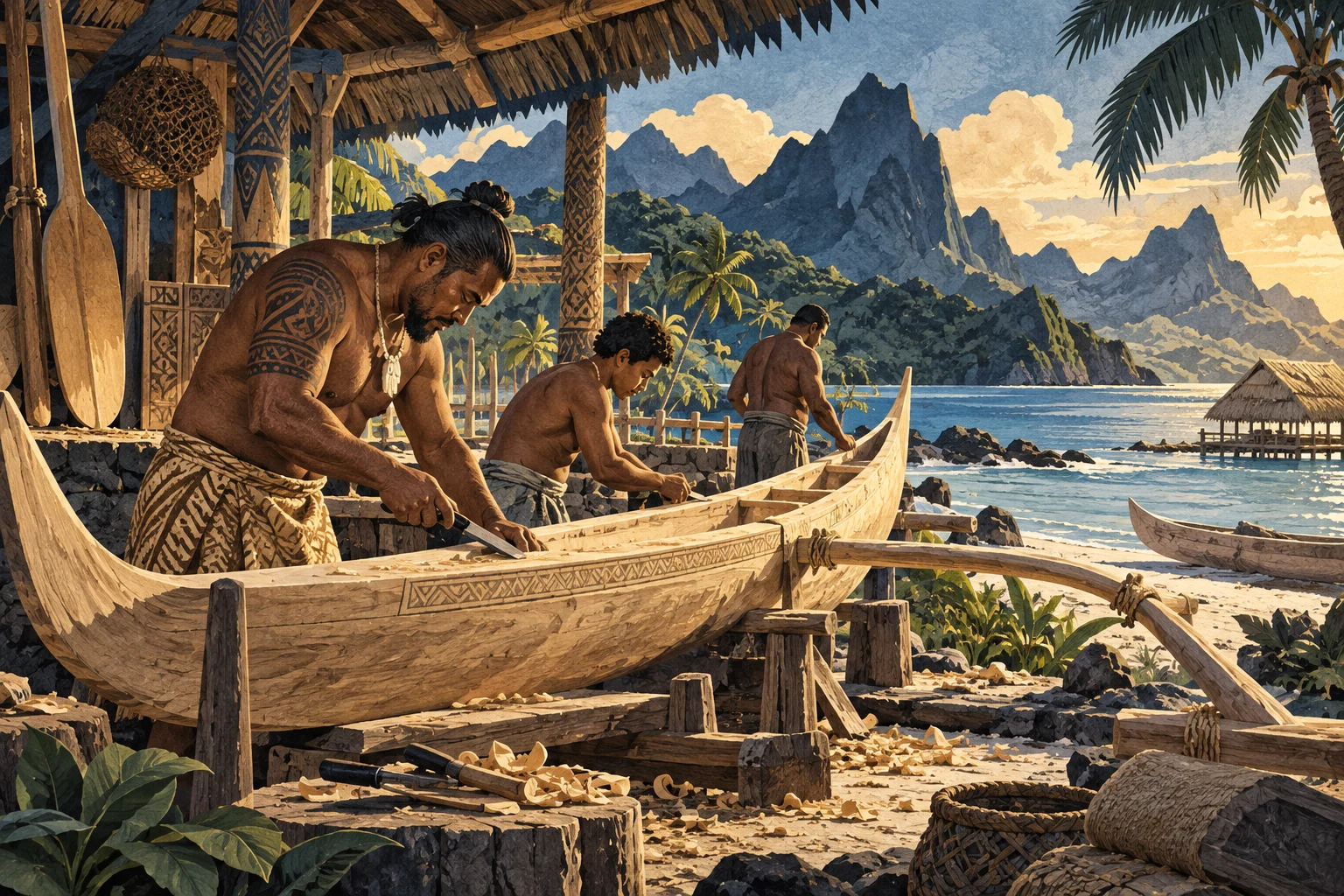 Illustration: Pacific island canoe-making workshop, respectful contemporary craft