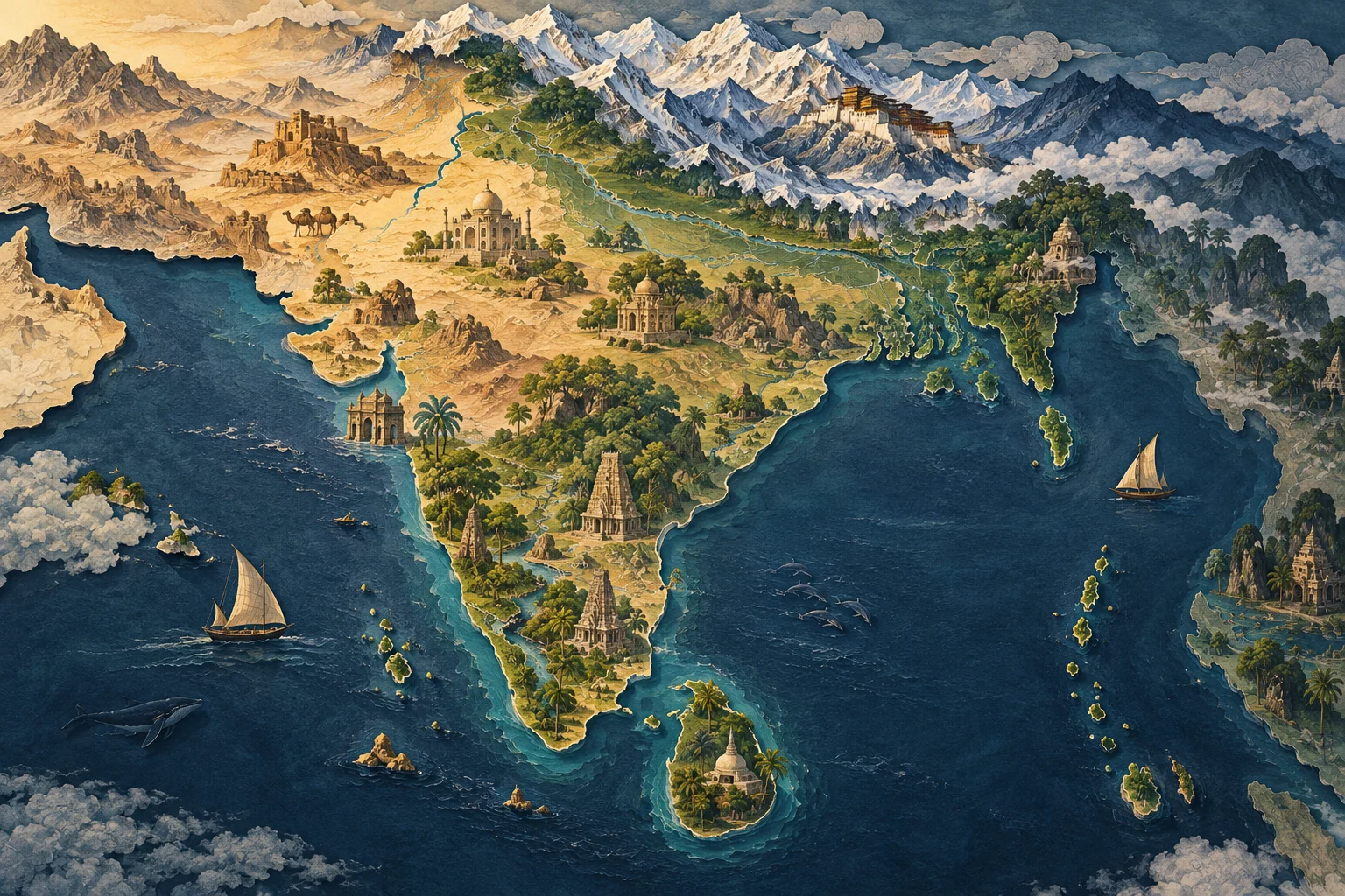 Illustration: Indian subcontinent, Himalayas north, Sri Lanka south