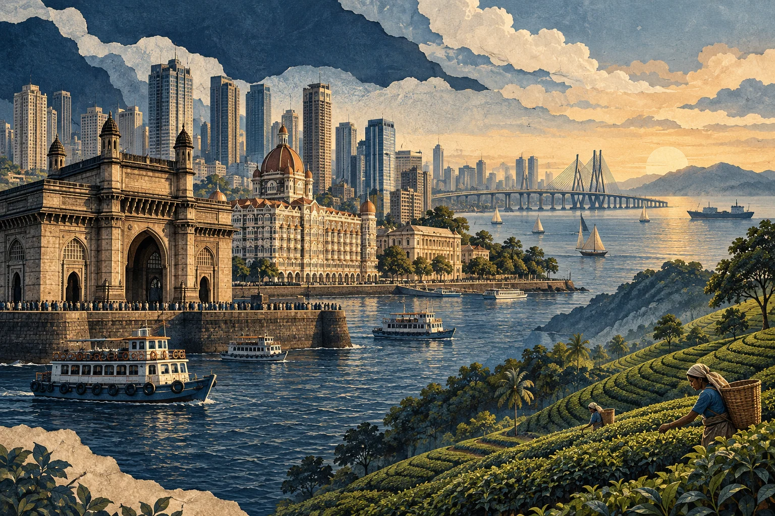 Illustration: Mumbai harbour, tea terraces and contemporary offices