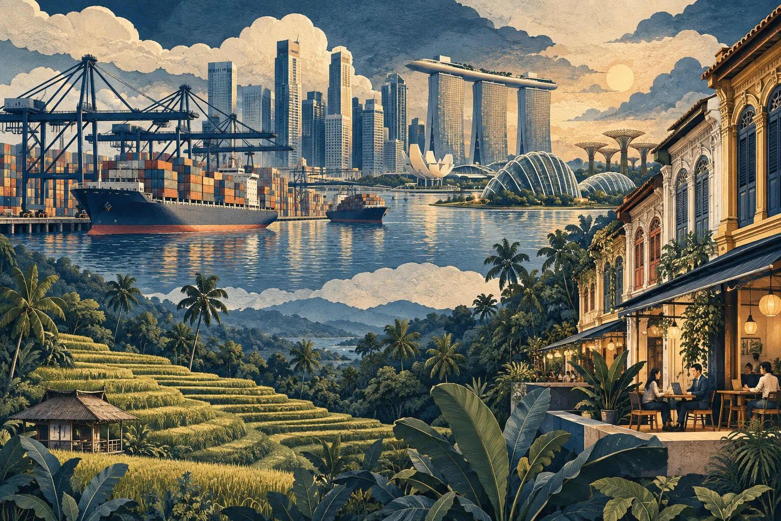 Illustration: Singapore container port, rice terraces and urban enterprise