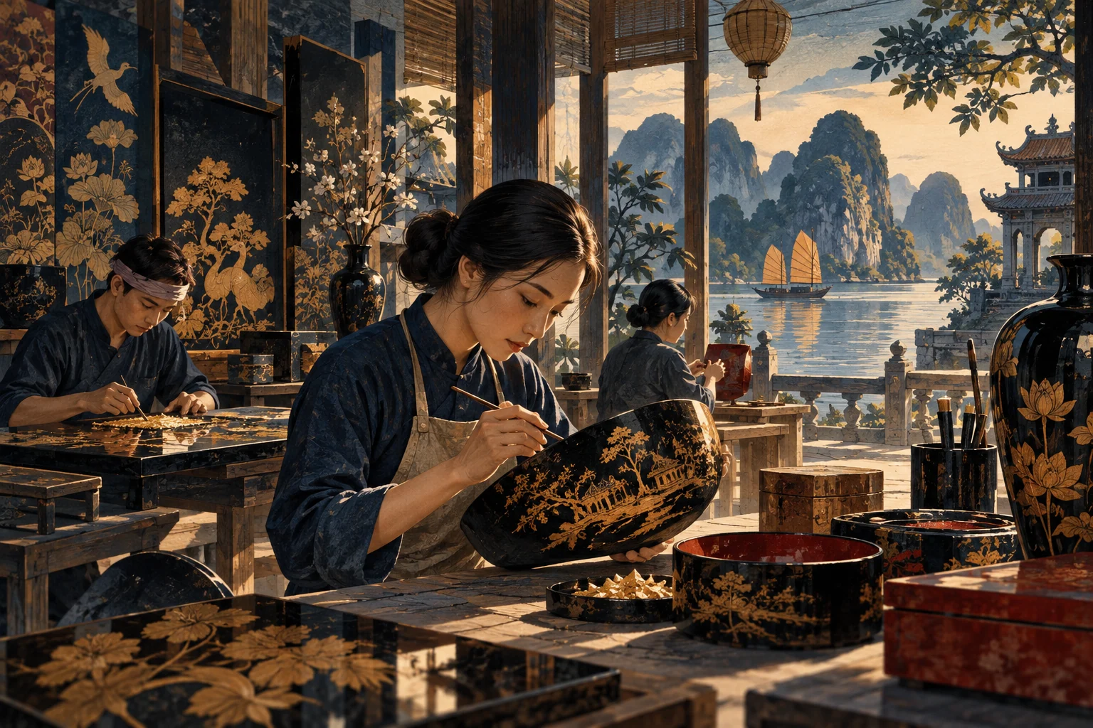 Illustration: Vietnamese lacquerware studio with artisans