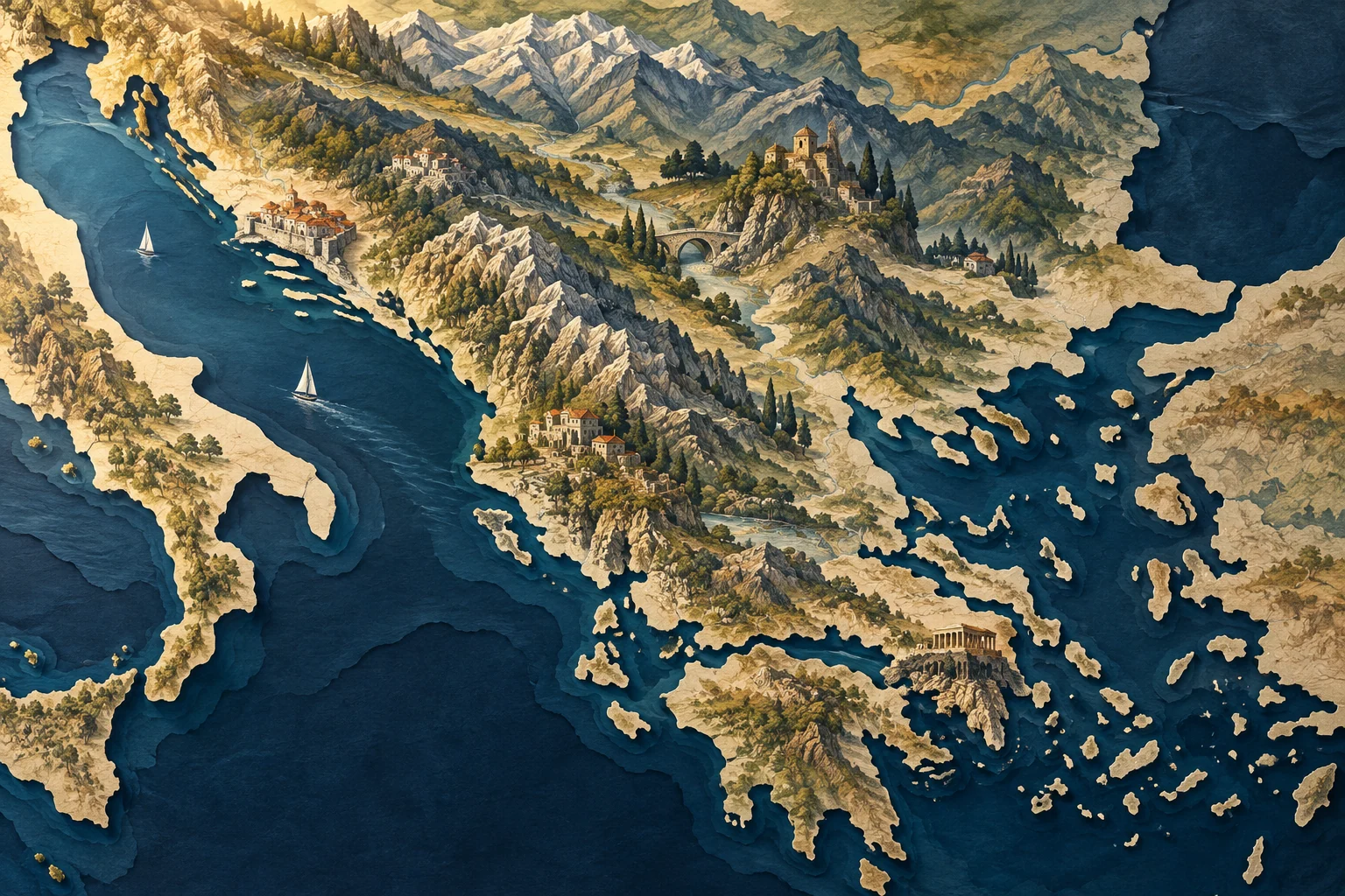 Illustration: Balkan peninsula mountain ridges and Adriatic coastline