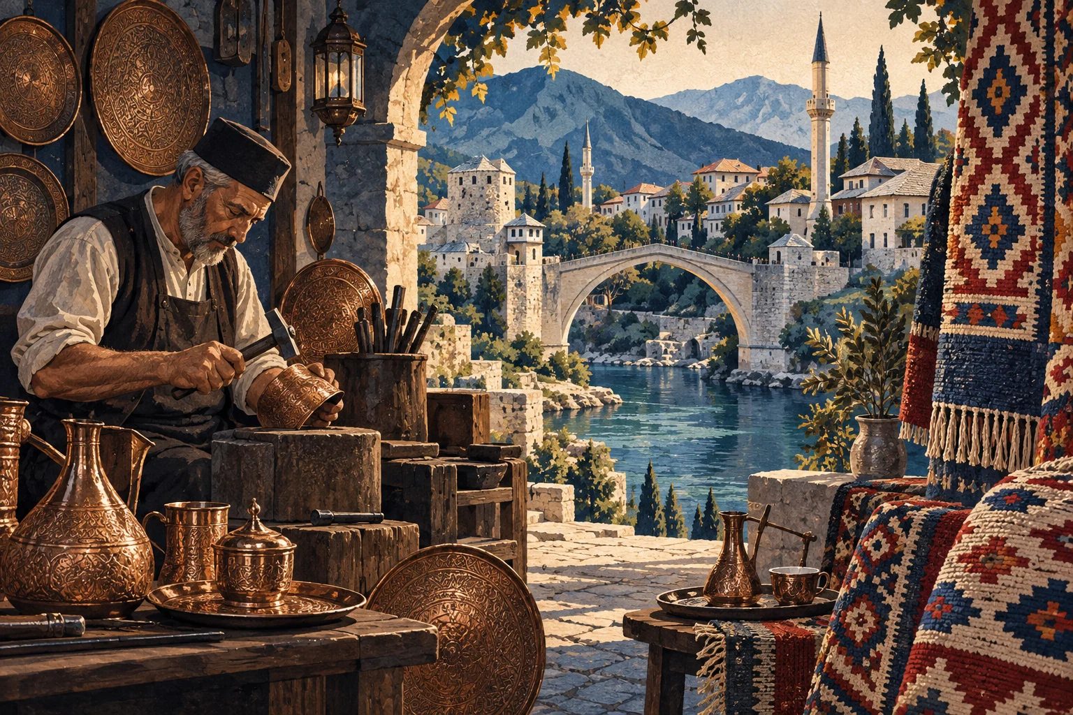 Illustration: Balkan copperwork workshop and woven kilim patterns