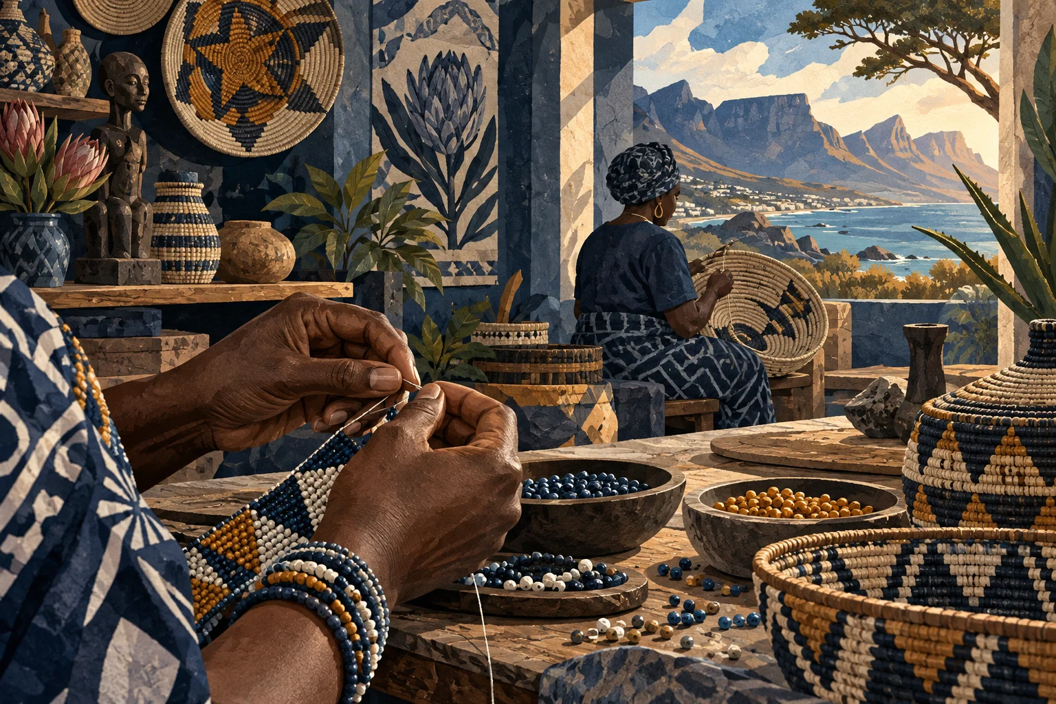 Illustration: Contemporary southern African craft studio, geometric beadwork and woven baskets, artisan hands respectfully shown