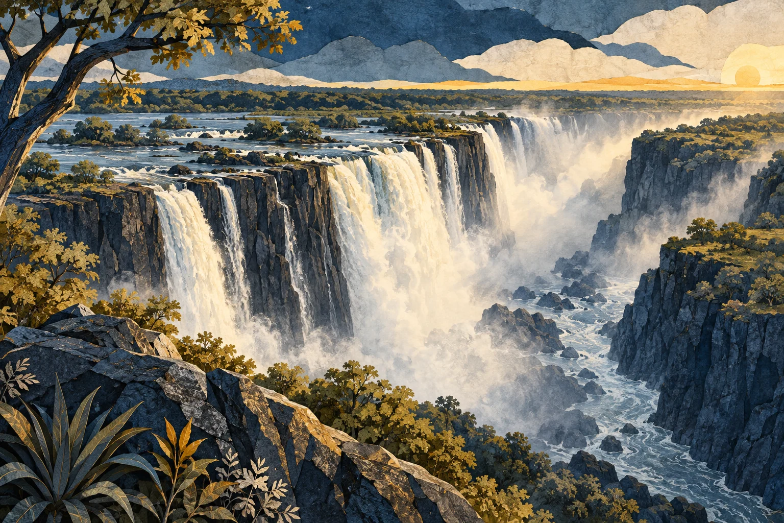 Illustration: Victoria Falls, Zambia and Zimbabwe, broad basalt gorge and river spray, no invented buildings