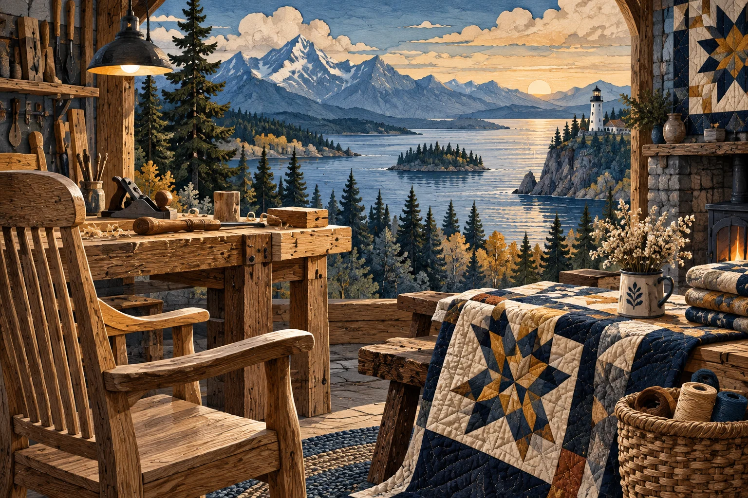 Illustration: American craft workshop with timber furniture and quilting textiles