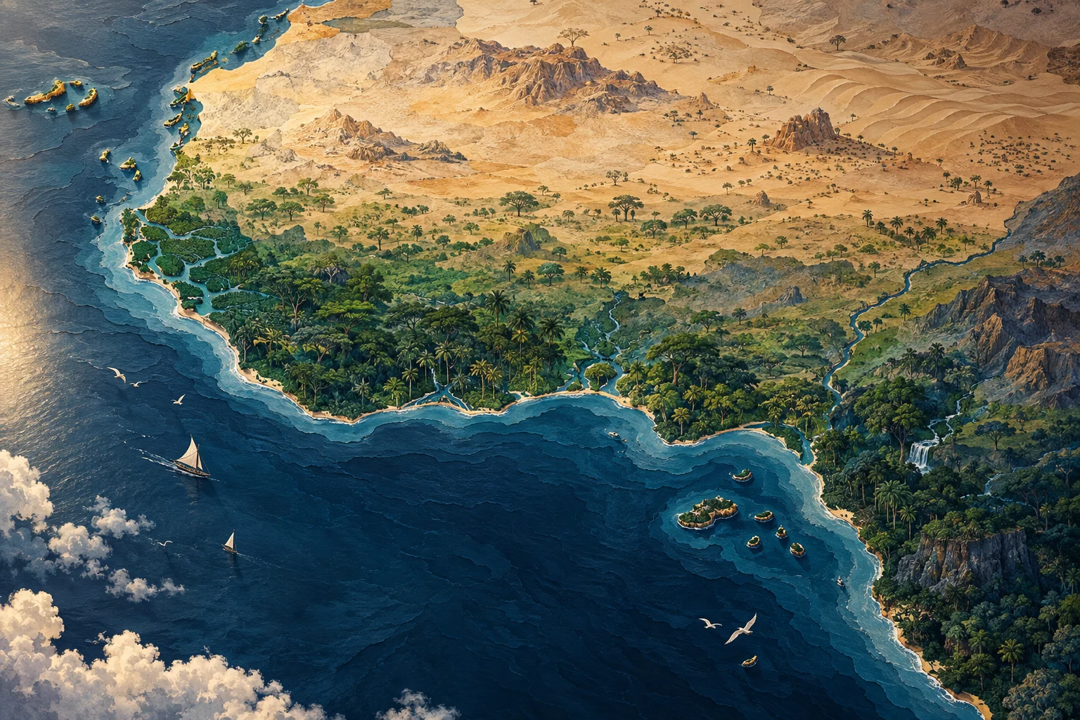 Illustration: West Africa: Atlantic coastline curving from Senegal to Gulf of Guinea, Sahel north, lush coastal belt south