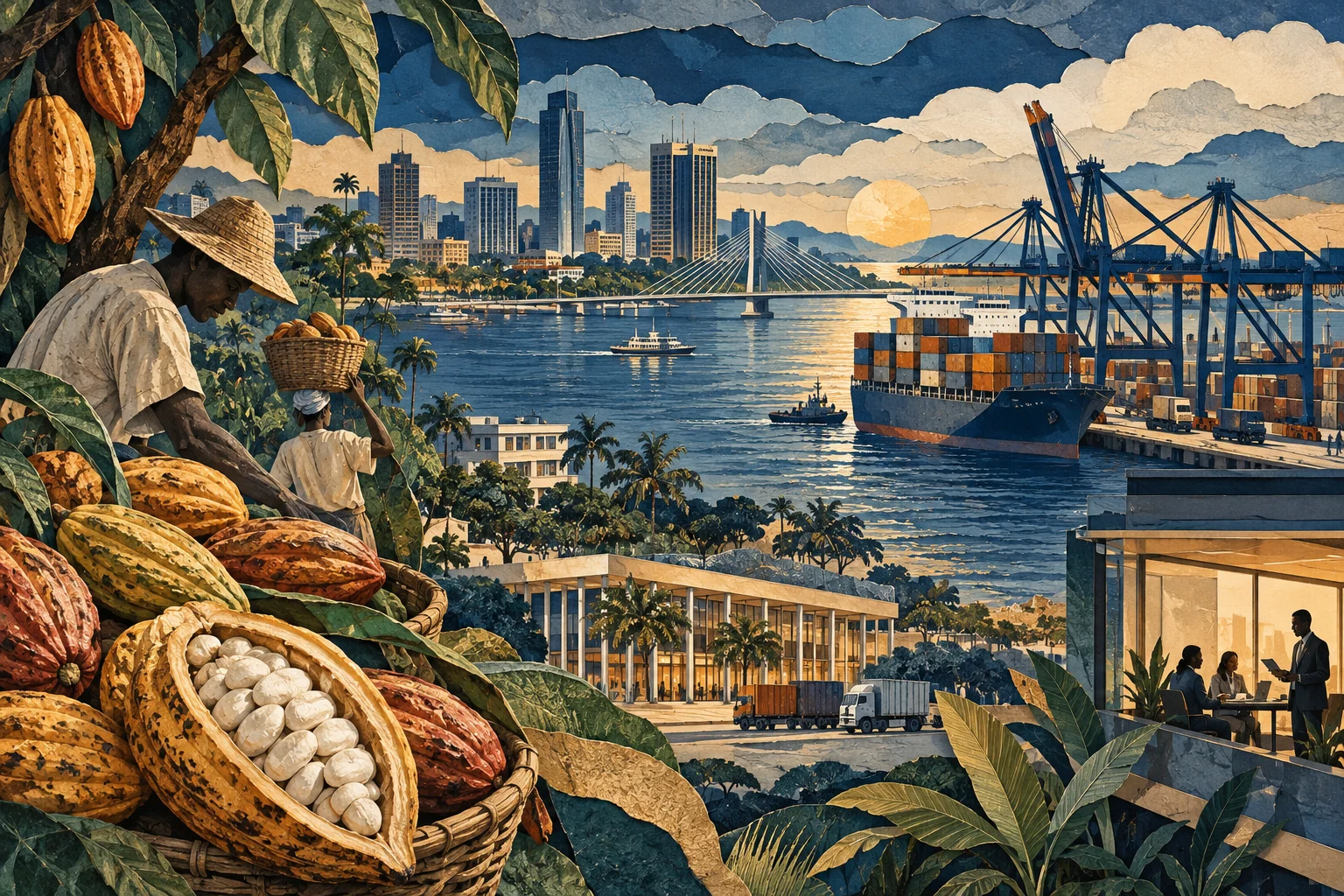 Illustration: Abidjan lagoon port cranes, cocoa pods and modern offices, regional trade and agriculture
